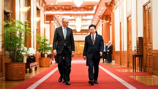 Bundeskanzler Merz und der Präsident Südkoreas, Lee Jae-myung, schütteln sich vor Flaggen die Hände