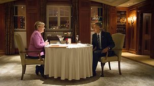 Bundeskanzlerin Angela Merkel und US-Präsident Barack Obama beim gemeinsamen Abendessen im Hotel Adlon.