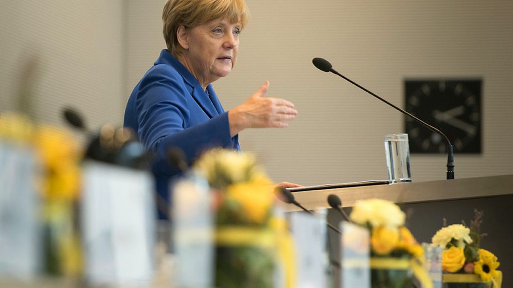 Chancellor Angela Merkel speaks at the TTIP congress of the CDU/CSU parliamentary group in the German Bundestag.