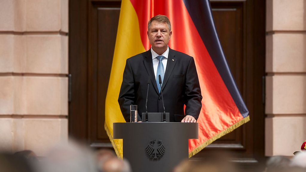 Romania's President Klaus Iohannis speaks at the central ceremony of the German government in remembrance of the victims of displacement and expulsion.