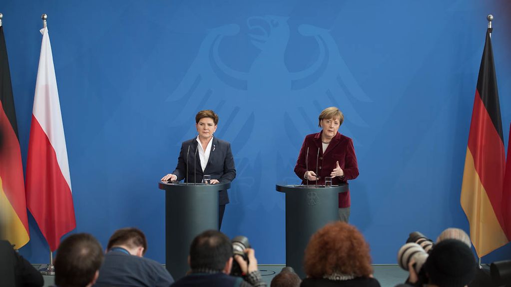 La chancelière fédérale Angela Merkel et la première ministre Beata Szydlo lors d’une conférence de presse commune