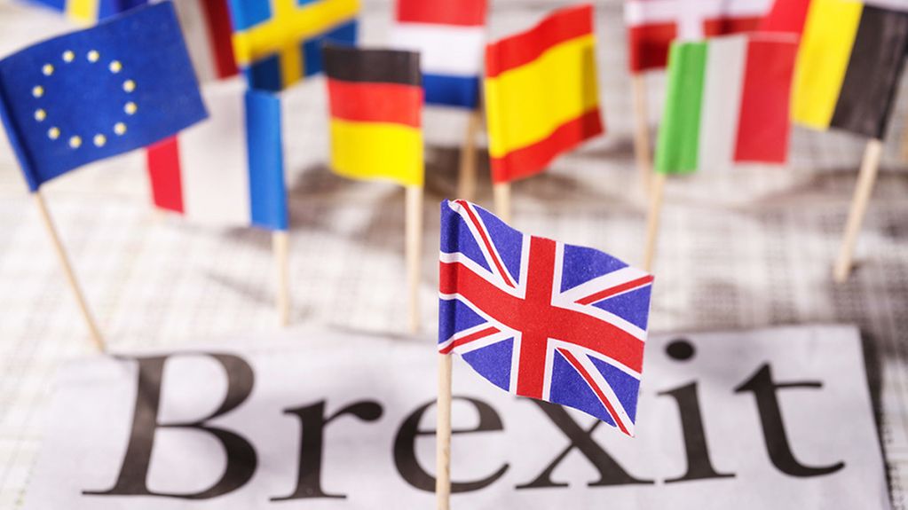 Mini-Flaggen von EU-Mitgliedsländern und Großbritannien - dazwischen das Wort Brexit.
