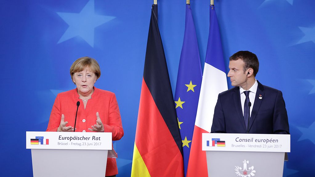 Pressekonferenz von Bundeskanzlerin Merkel und Frankreichs Präsident Emmanuel Macron beim Europäischen Rat in Brüssel.