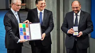 European Council President Herman Van Rompuy, European Commission President José Manuel Barroso and President of the European Parliament Martin Schulz (left to right) with the award