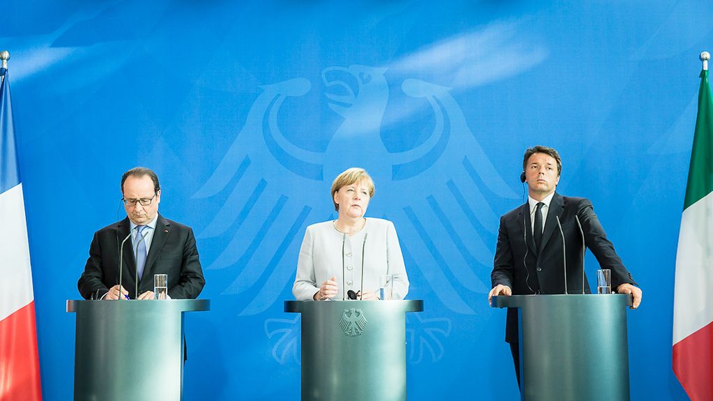 Bundeskanzlerin Merkel, Präsident Hollande und Ministerpräsident Renzi.