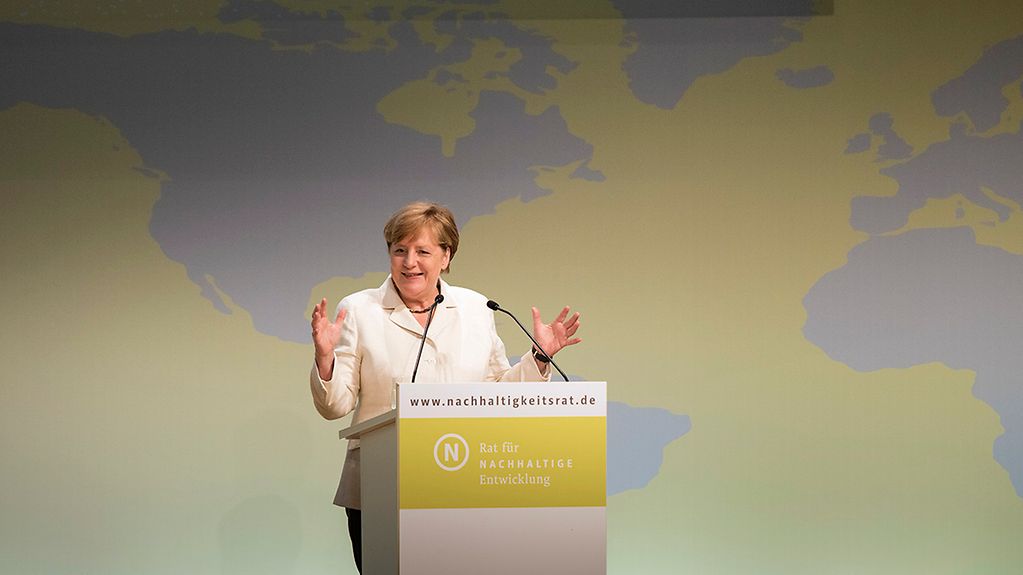 Chancellor Angela Merkel speaks at the annual meeting of the German Council for Sustainable Development.