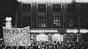 Protestors in front of the Karl Marx University in Leipzig