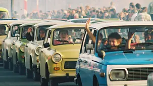 East Germans drive across the border at Helmstedt/Marienborn.