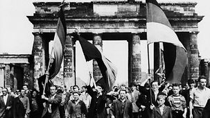 Demonstranten mit deutschen Fahnen vor dem Brandenburger Tor.