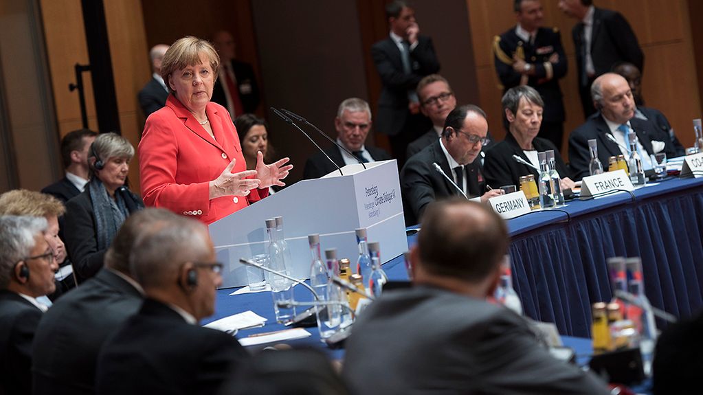 Chancellor Angela Merkel speaks at the Petersberg Climate Dialogue.