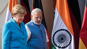 Bundeskanzlerin Angela Merkel und Indiens Premierminister Narendra Modi auf der Abschluss-PK zu den Regierungskonsultationen.