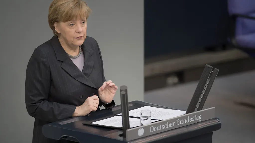 Chancellor Angela Merkel delivers a government statement on Ukraine n the German Bundestag.