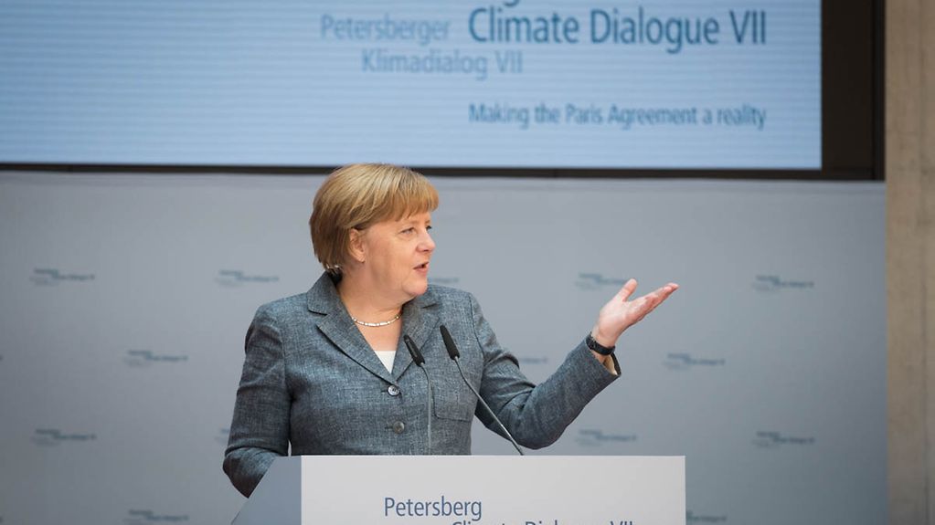 Chancellor Angela Merkel speaking at the Petersberg Climate Dialogue