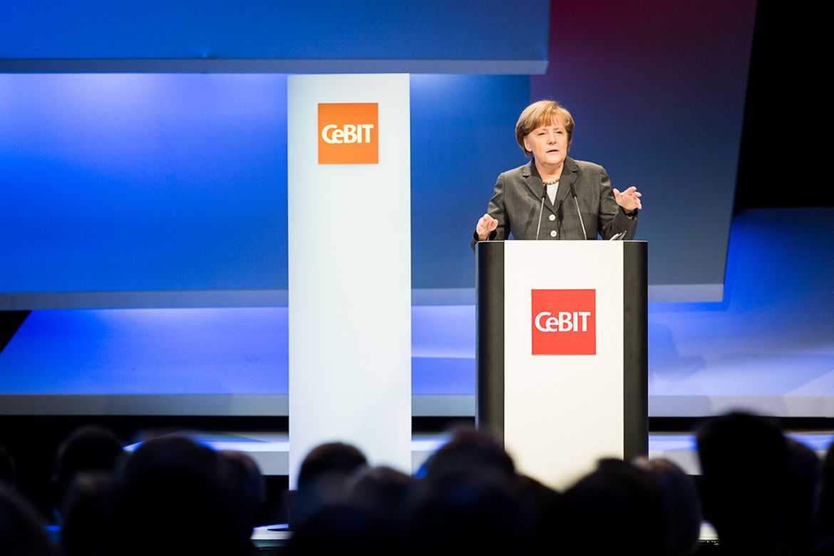 Chancellor Angela Merkel speaks at the opening ceremony of CeBIT in Hannover.