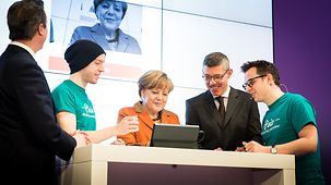 Chancellor Angela Merkel visits the social media video platform Pinio.