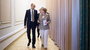Chancellor Angela Merkel meets Ukraine's Prime Minister Arseniy Yatsenyuk.