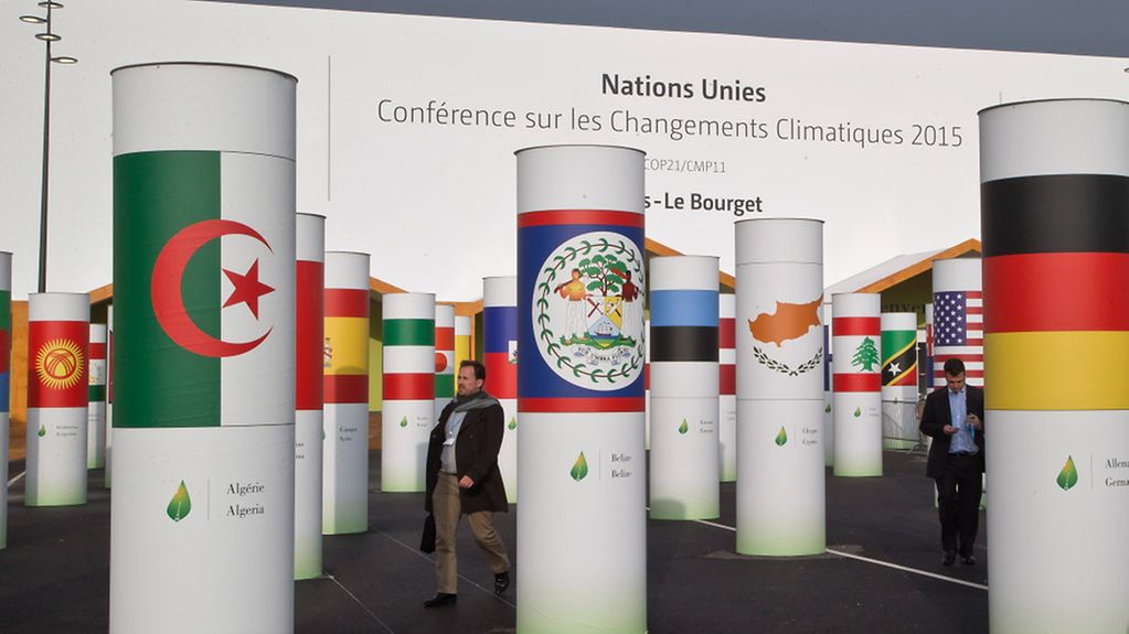 Brightly coloured columns in front of the venue of the UN Climate Change Conference in Paris.