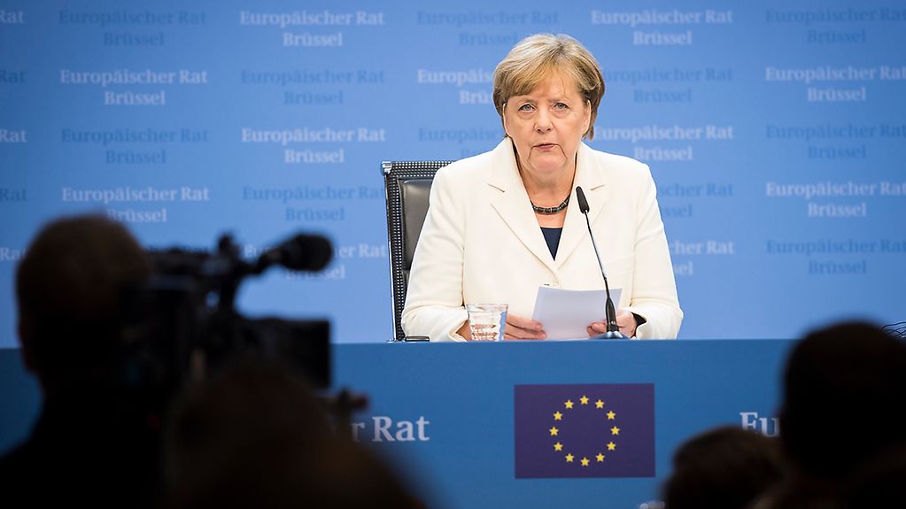 Chancellor Angela Merkel at the final press conference on the European Council meeting