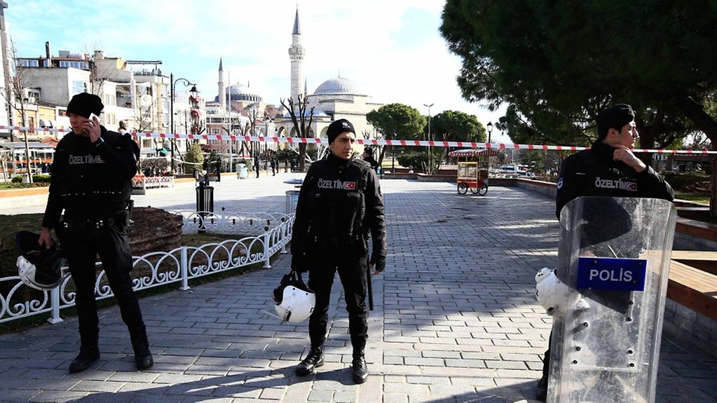 Police guard the historic centre of Istanbul.
