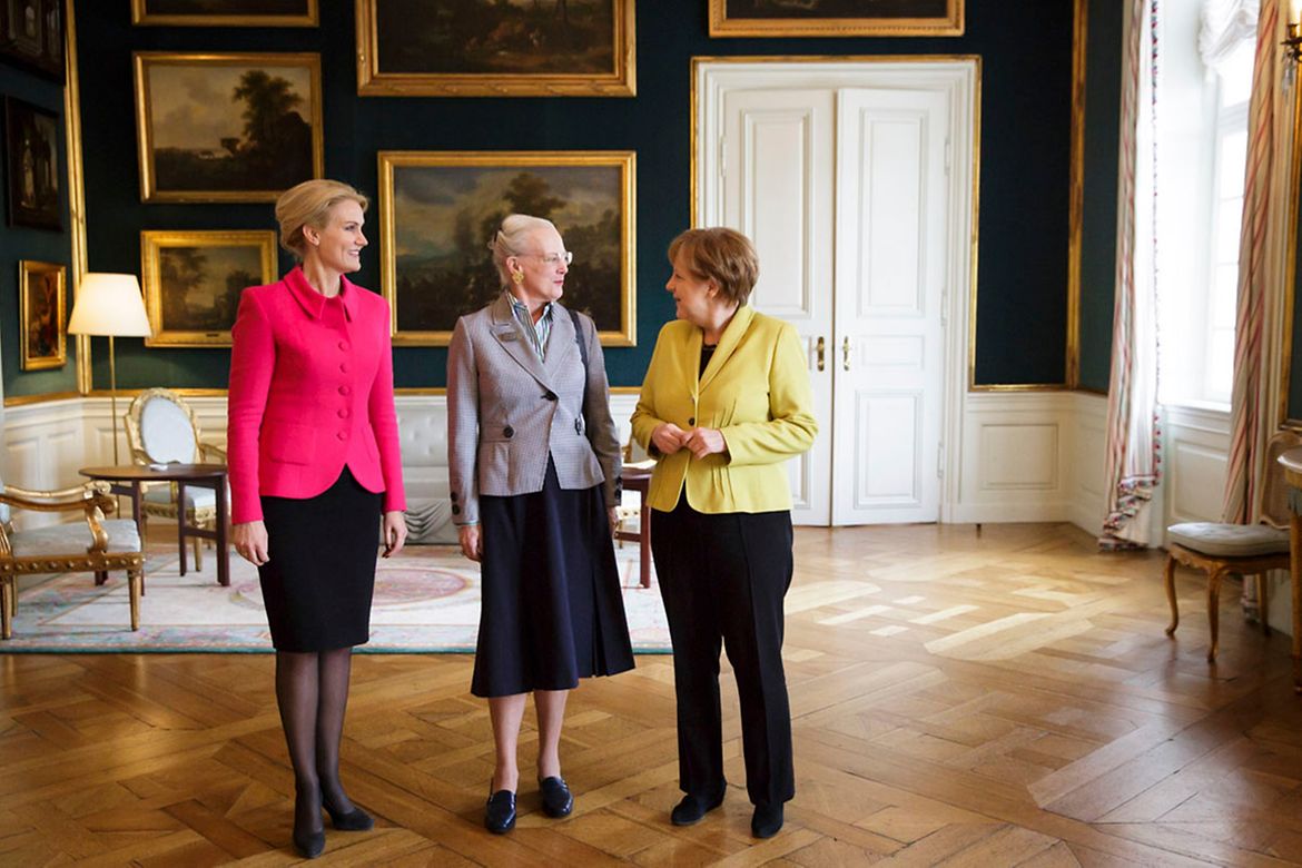 Bundeskanzlerin Angela Merkel, Margrethe II. von Dänemark und die dänische Ministerpräsidentin Helle Thorning-Schmidt.