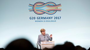 Chancellor Angela Merkel speaks at the close of the Woman20 Summit.