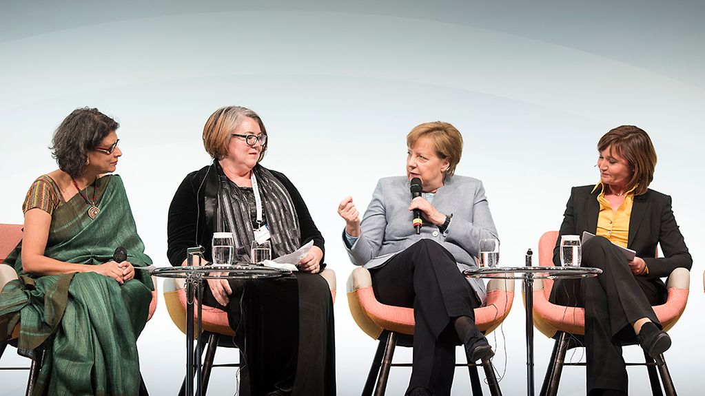 Chancellor Angela Merkel during a panel discussion at the W20 Summit