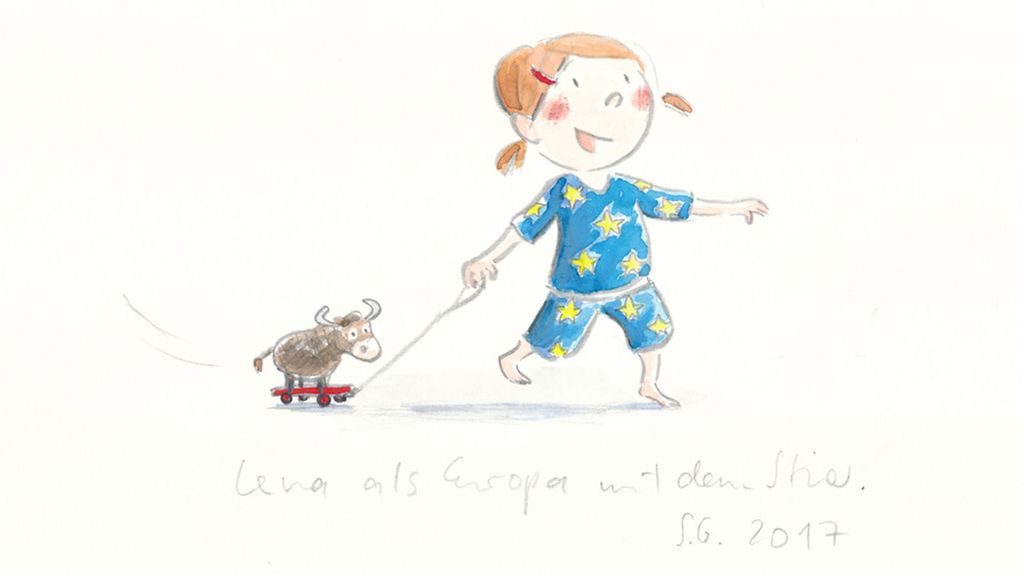 Illustration "Fröhliches Mädchen, das einen kleinen Stier als Spielzeug hinter sich her zieht".