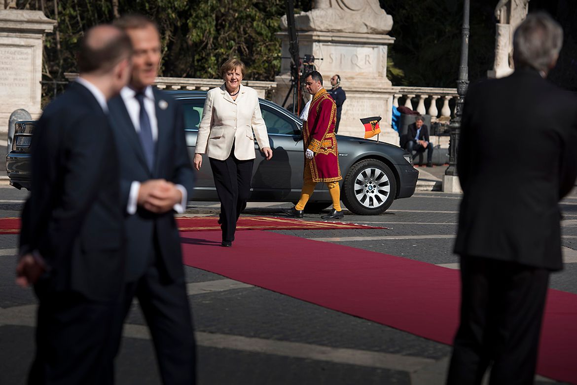 Bundeskanzlerin Angela Merkel kommt zum EU-Sondergipfel zum Jubiläum der Römischen Verträge.