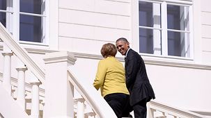 Barack Obama et Angela Merkel sur la terrasse du Château de Herrenhausen