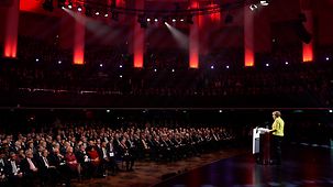 La chancelière fédérale Angela Merkel s'exprime lors de l'inauguration de la Foire de Hanovre
