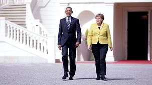Le président américain Barack Obama et la chancelière fédérale Angela Merkel au Château de Herrenhausen