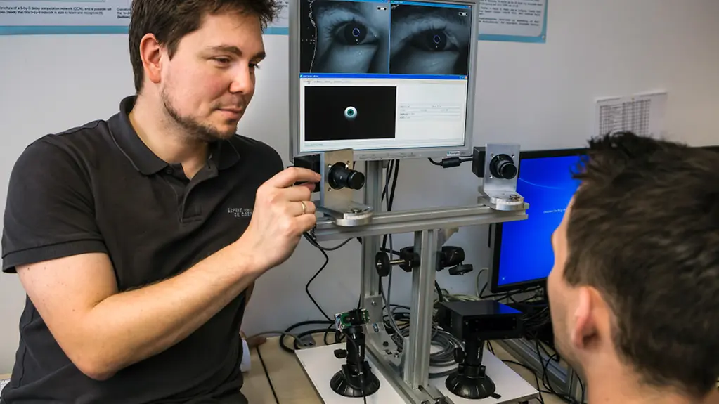 Mann untersucht die Augen eines anderen an einem technischem Gerät.