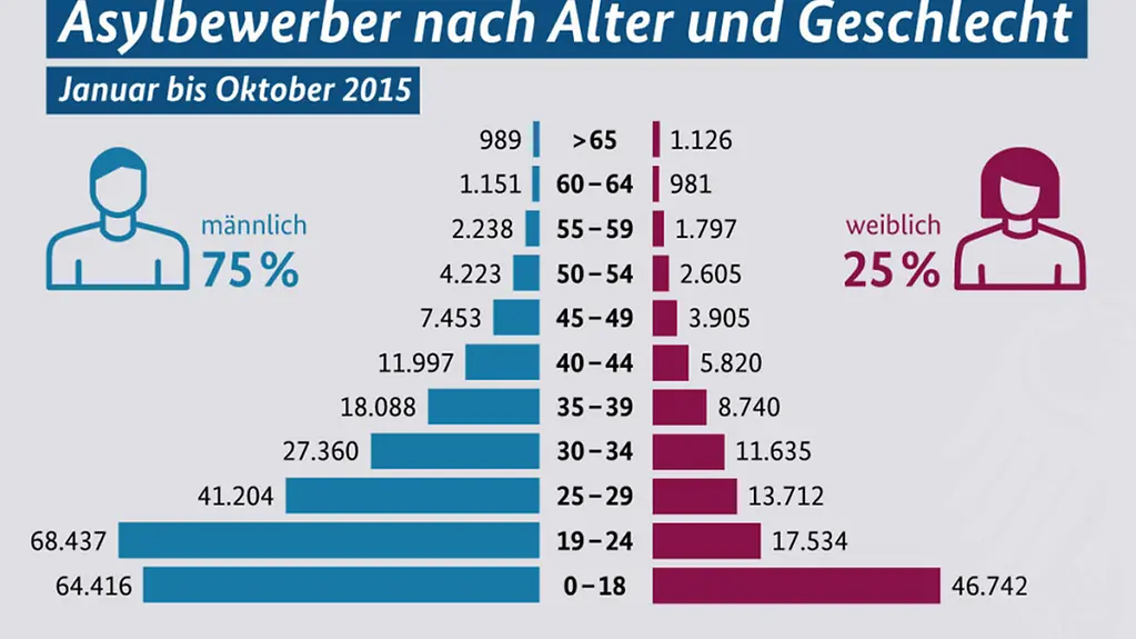Grafik: Asylbewerber nach Alter und Geschlecht (Januar bis Oktober 2015)