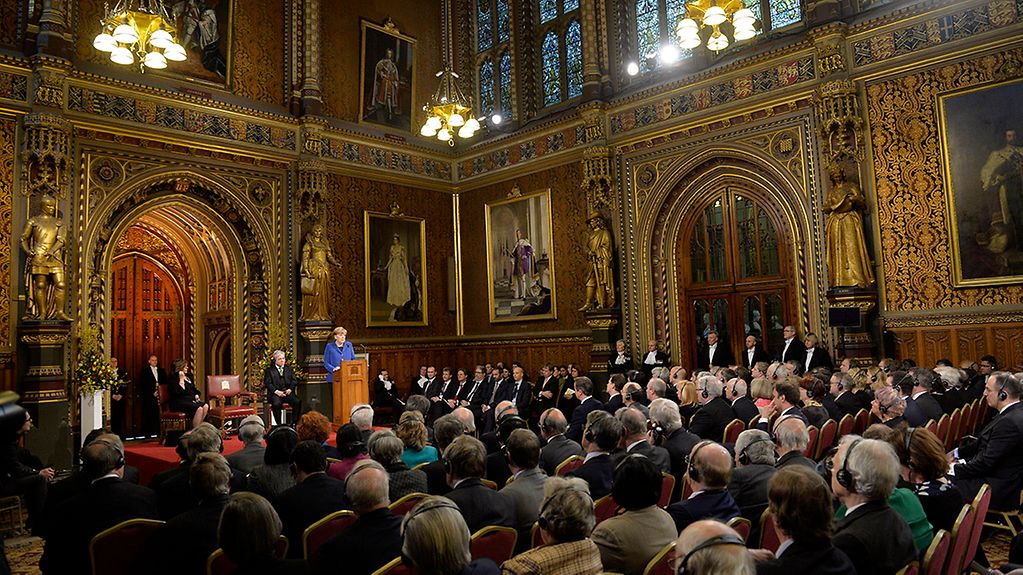 Chancellor Angela Merkel speaks to both Houses of Parliament in the Palace of Westminster.