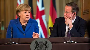 Chancellor Angela Merkel and British Prime Minister David Cameron at the joint press conference