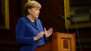 Chancellor Angela Merkel speaks in front of the two houses of the British Parliament in London.