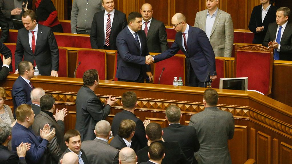 The newly elected Ukrainian Prime Minister Arseniy Yatsenyuk in the Ukrainian parliament.