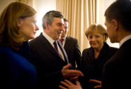 Sarah and Gordon Brown in conversation with Angela Merkel und Joachim Sauer at the reception for the heads of state and government of NATO member states in the Sommergarten Restaurant of Baden-Baden's Kurhaus