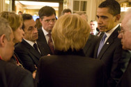 US President Barack Obama, Angela Merkel, NATO Secretary General Jaap de Hoop Scheffer, French President Nicolas Sarkozy and the Prime Minister of the Netherlands Jan Peter Balkenende in conversation in the Sommergarten Restaurant